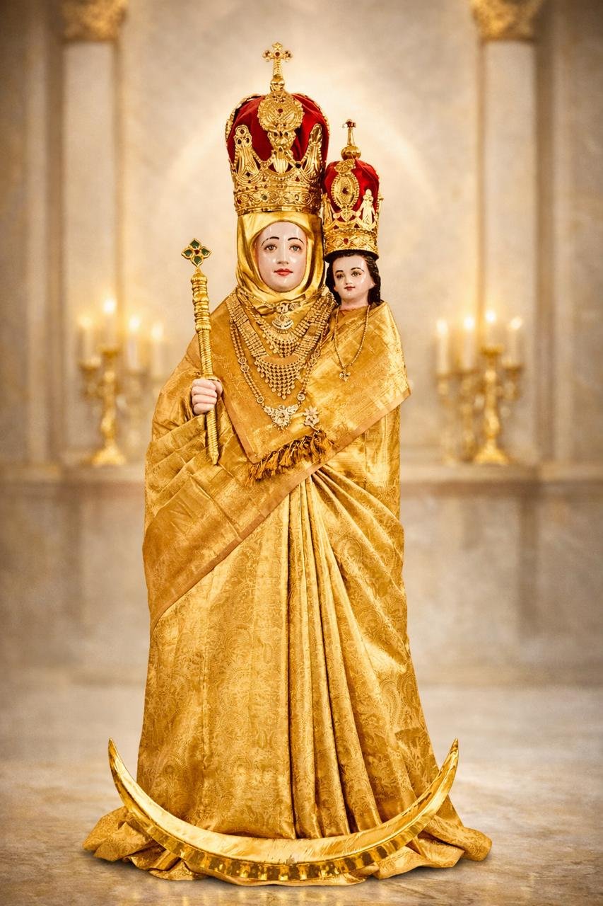 The statue of Our Lady of Health, robed in a gold saree and crowned, holding the Child Jesus